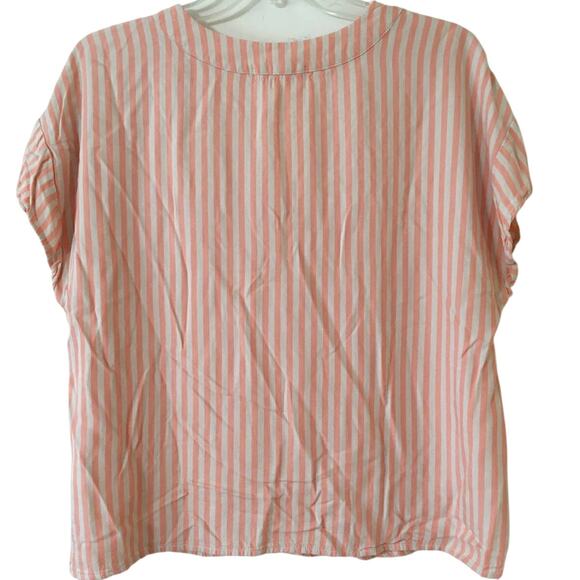 Copper Key Large V-neck Cap Sleeve Pink & Cream Striped 100% Rayon Top - Picture 2 of 2